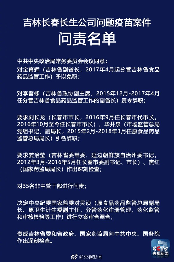 央視：中央政治局聽取長(zhǎng)生疫苗門調(diào)查報(bào)告，嚴(yán)肅問責(zé)相關(guān)人員